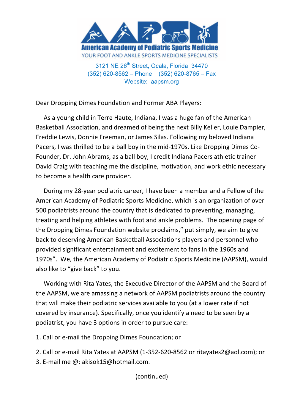 Dear Dropping Dimes Foundation and Former ABA Players: As a Young Child in Terre Haute, Indiana, I Was a Huge Fan of the Ameri