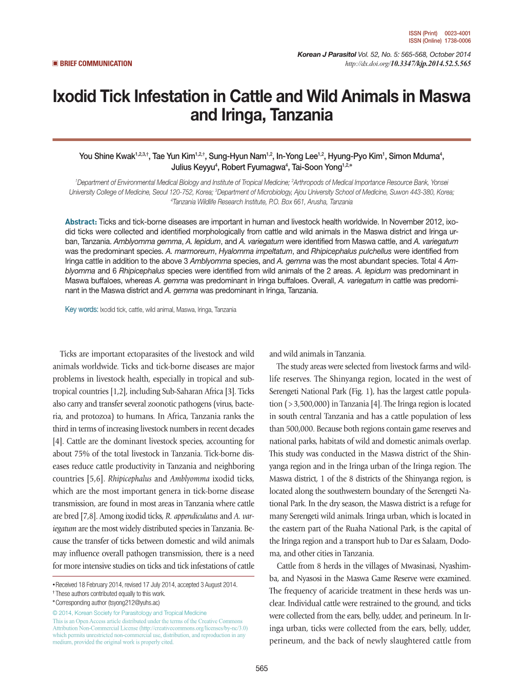 Ixodid Tick Infestation in Cattle and Wild Animals in Maswa and Iringa, Tanzania