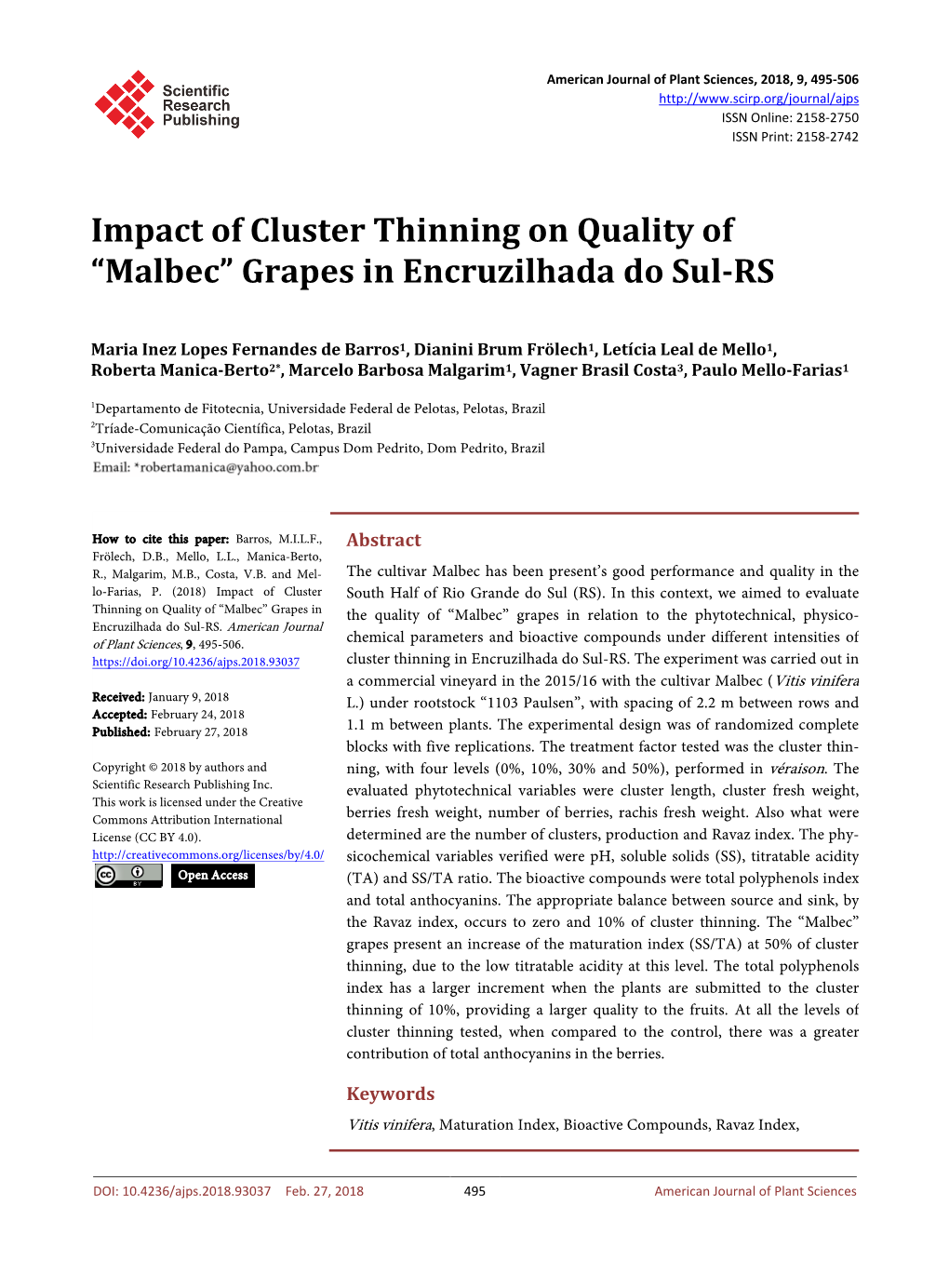 Impact of Cluster Thinning on Quality of “Malbec” Grapes in Encruzilhada Do Sul-RS