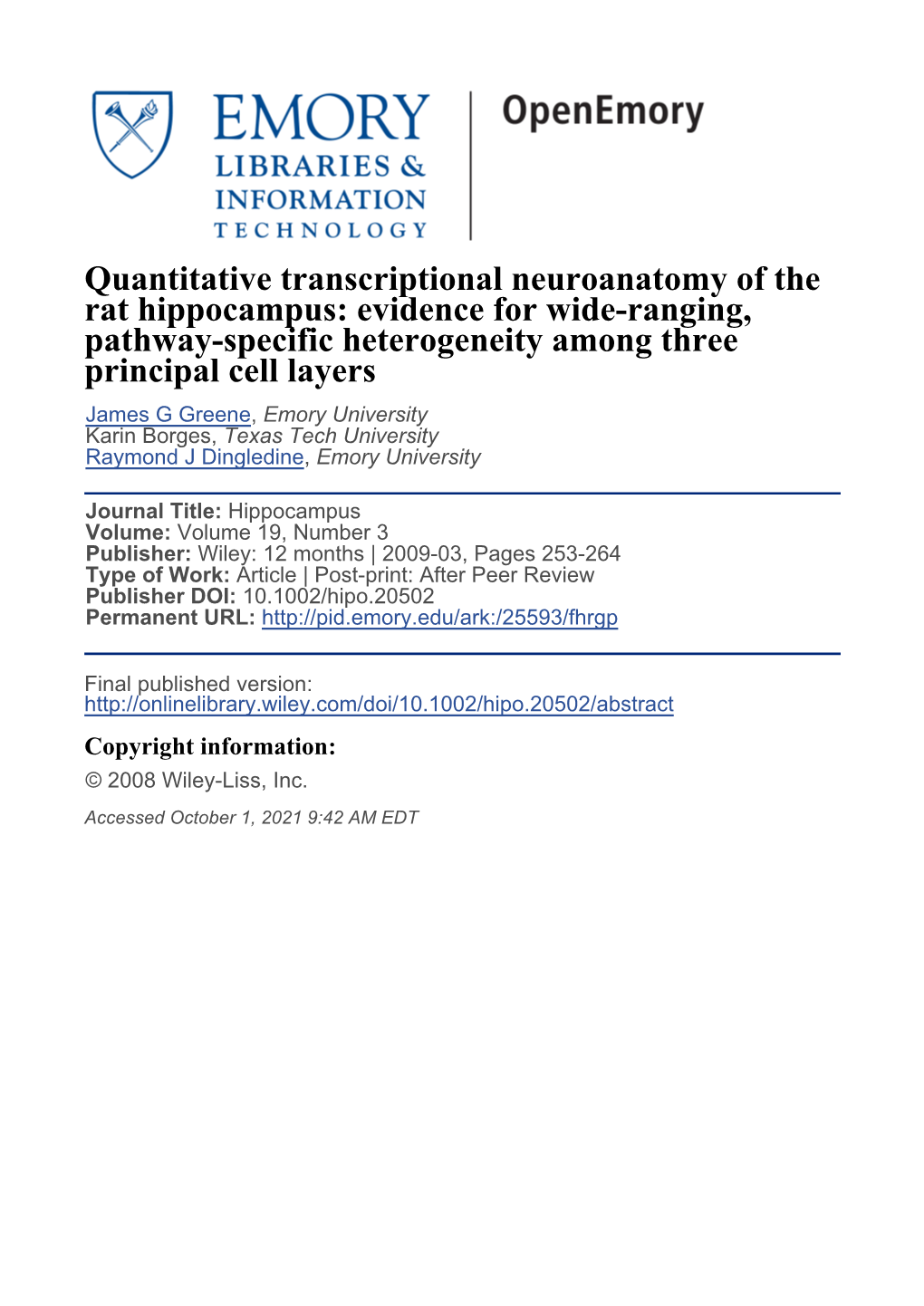 Quantitative Transcriptional Neuroanatomy of the Rat Hippocampus