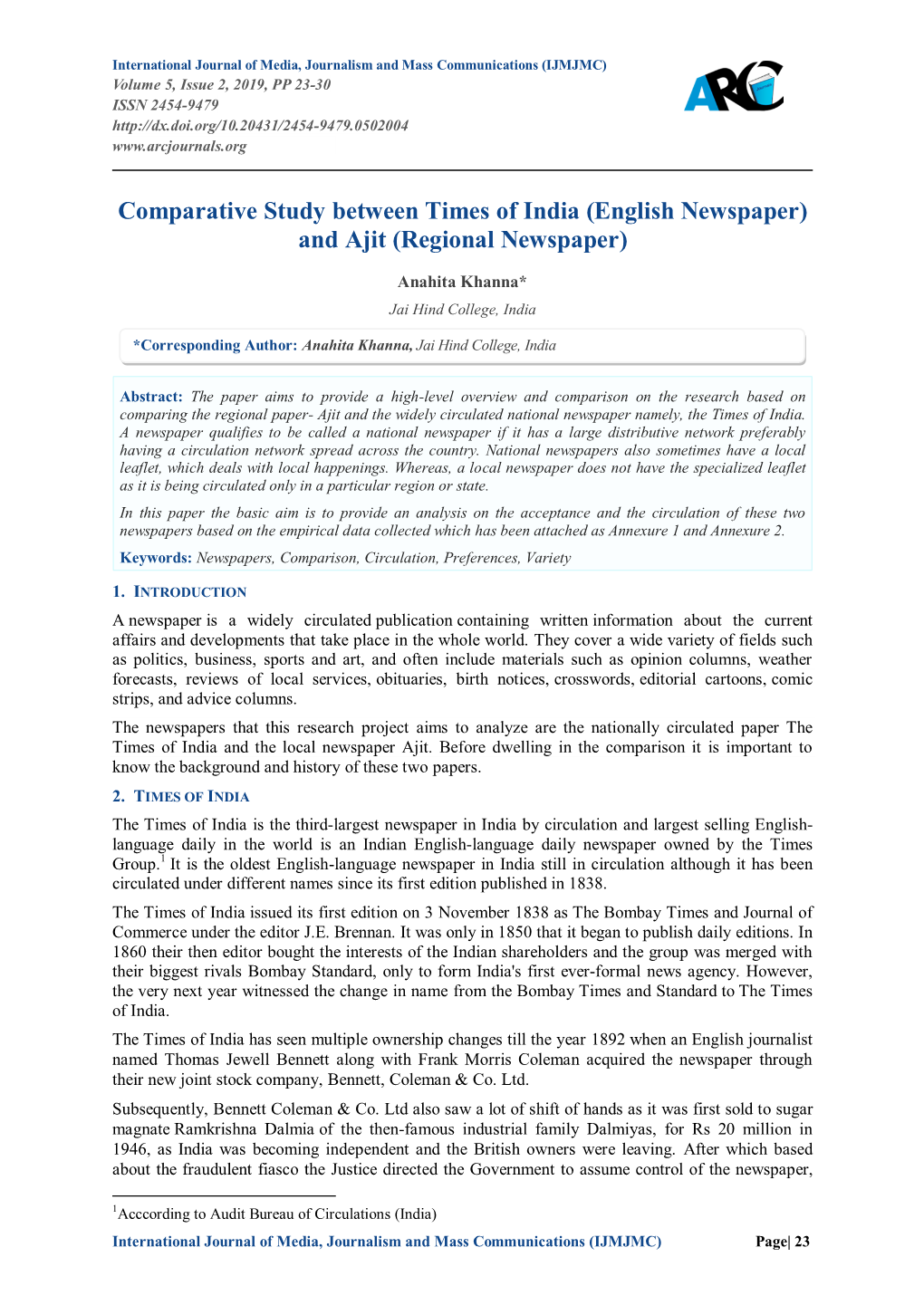 Comparative Study Between Times of India (English Newspaper) and Ajit (Regional Newspaper)