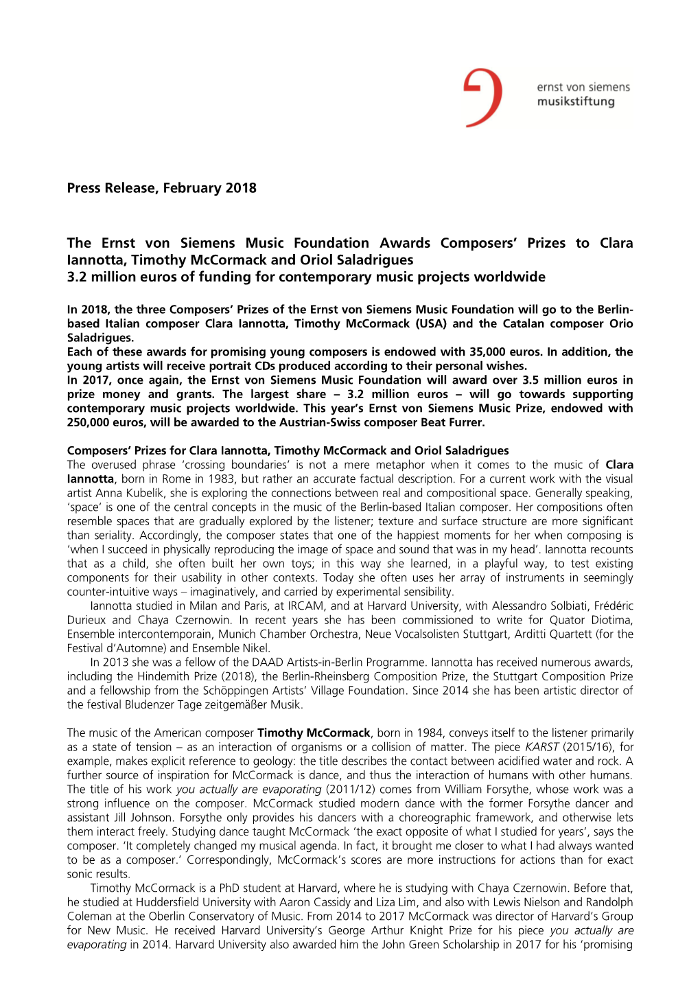 Press Release, February 2018 the Ernst Von Siemens Music