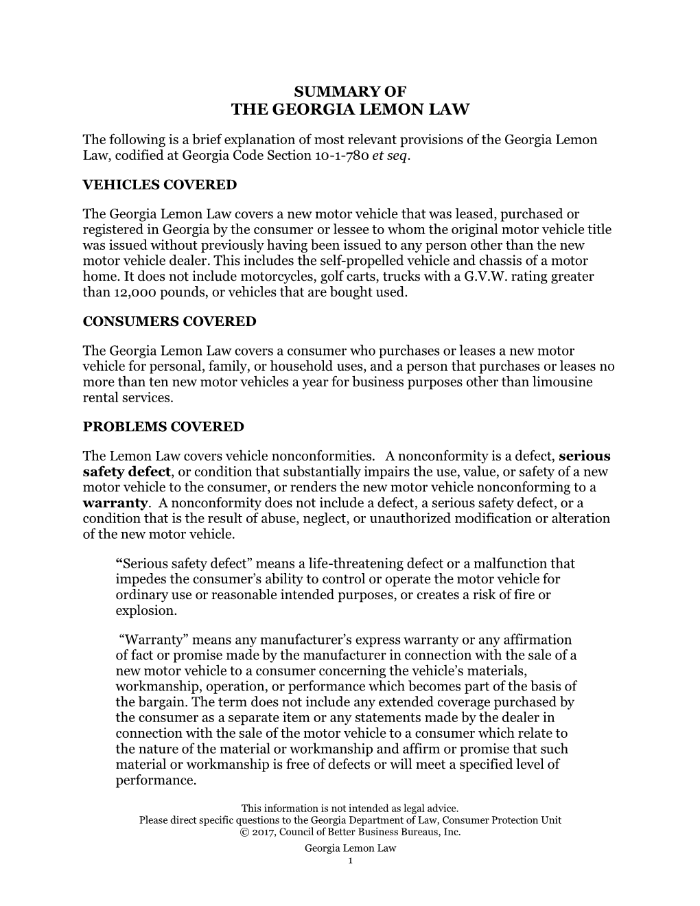 Summary of the Georgia Lemon Law