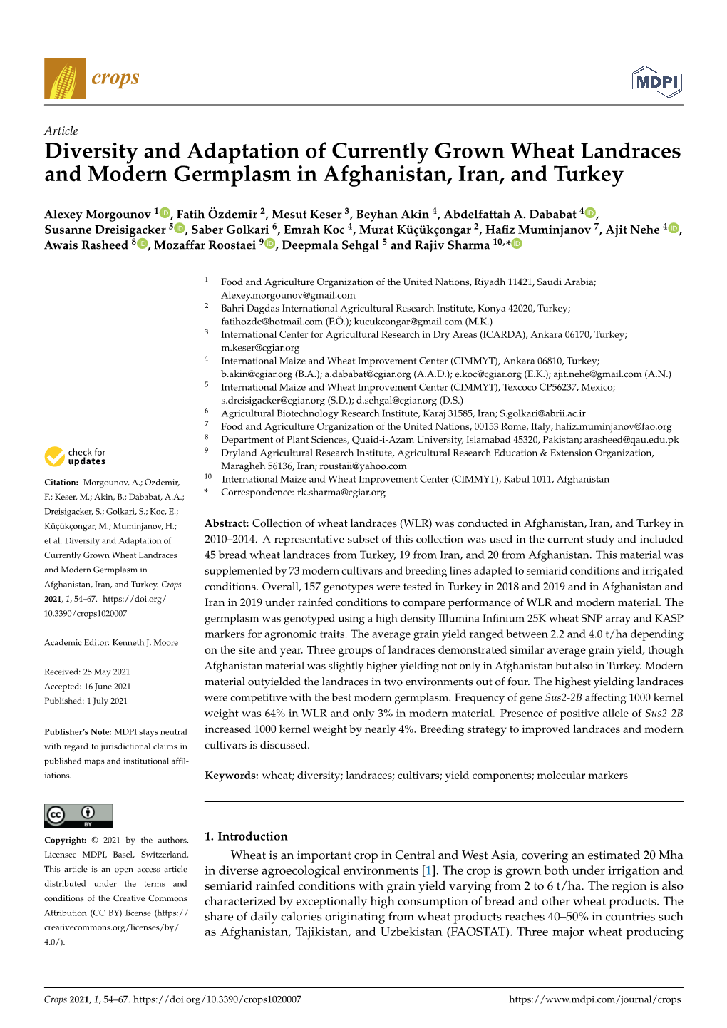 Diversity and Adaptation of Currently Grown Wheat Landraces and Modern Germplasm in Afghanistan, Iran, and Turkey