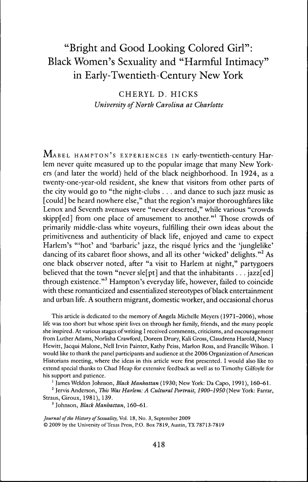 "Bright and Good Looking Colored Girl": Black Women's Sexuality and "Harmful Intimacy" in Early-Twentieth-Century New York