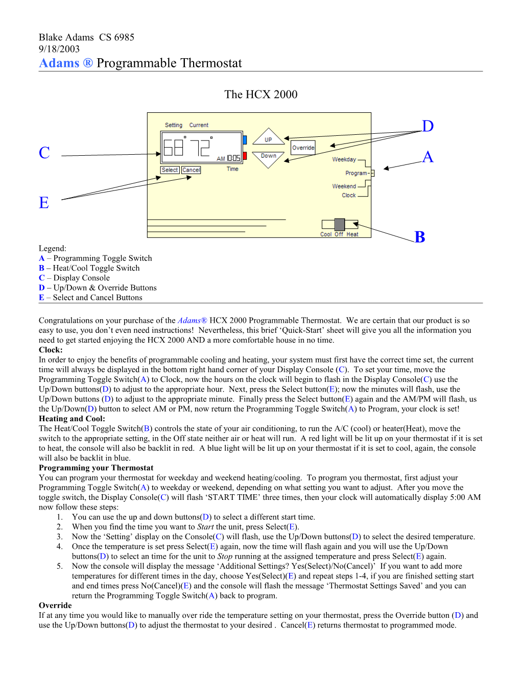 Adams Programmable Thermostat