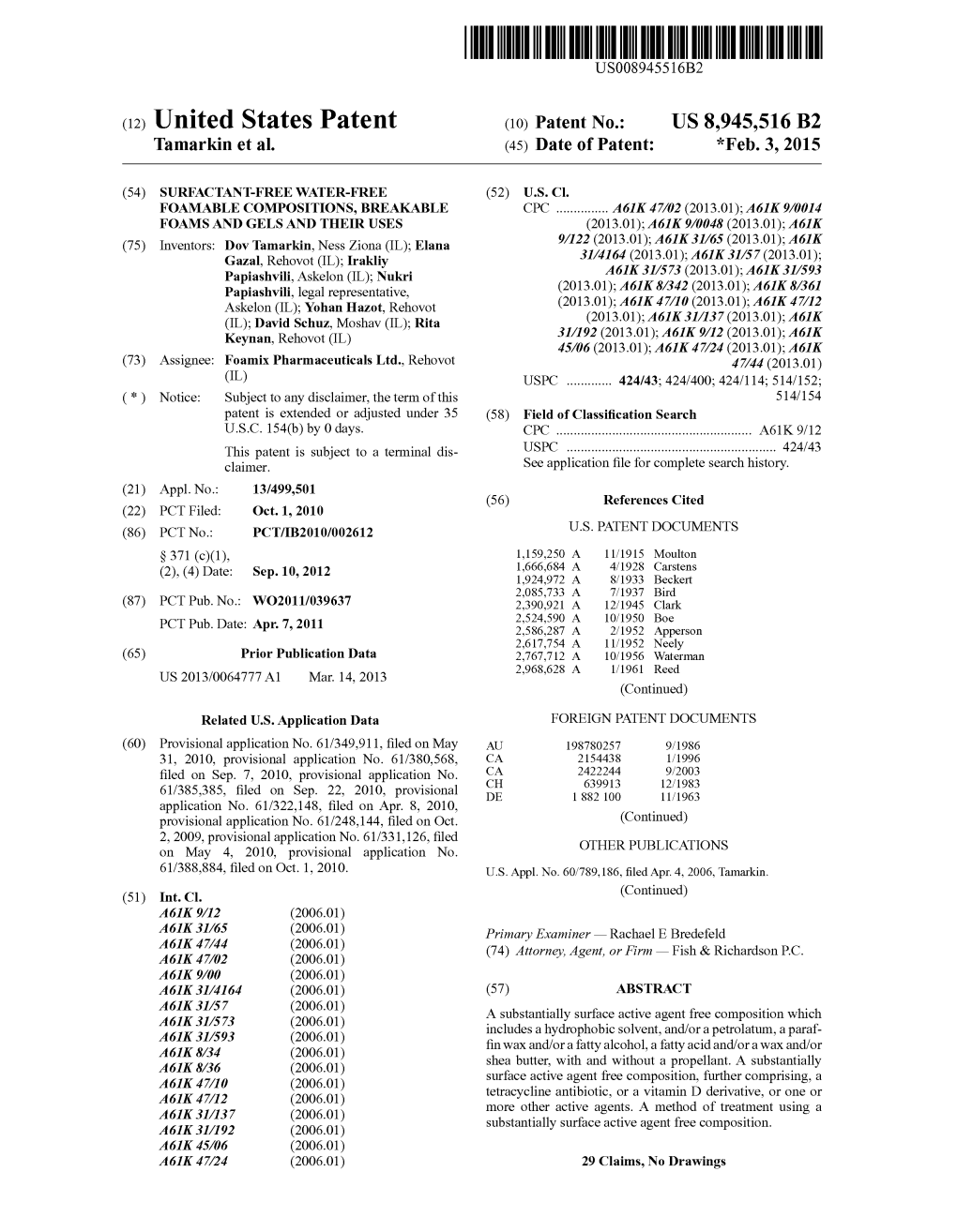 (12) United States Patent (10) Patent No.: US 8,945,516 B2 Tamarkin Et Al