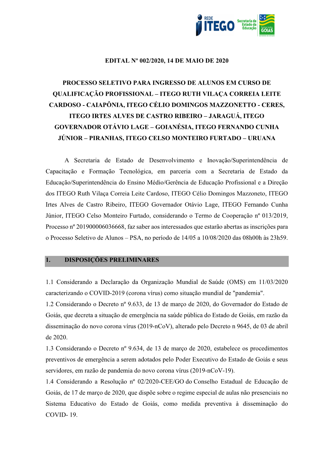 Edital Nº 002/2020, 14 De Maio De 2020 Processo Seletivo