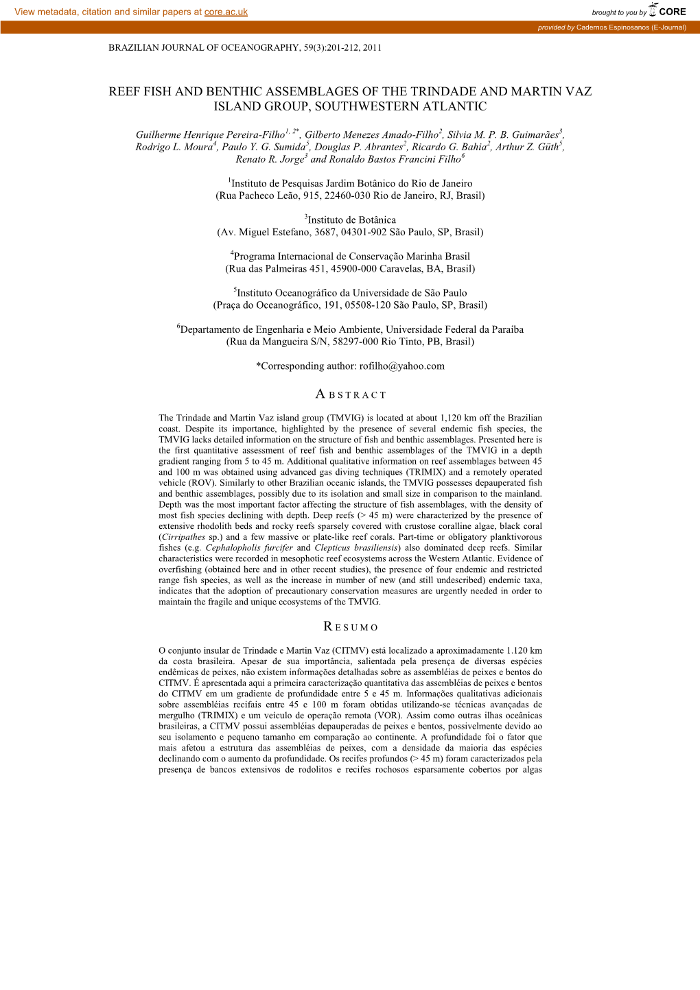 Reef Fish and Benthic Assemblages of the Trindade and Martin Vaz Island Group, Southwestern Atlantic