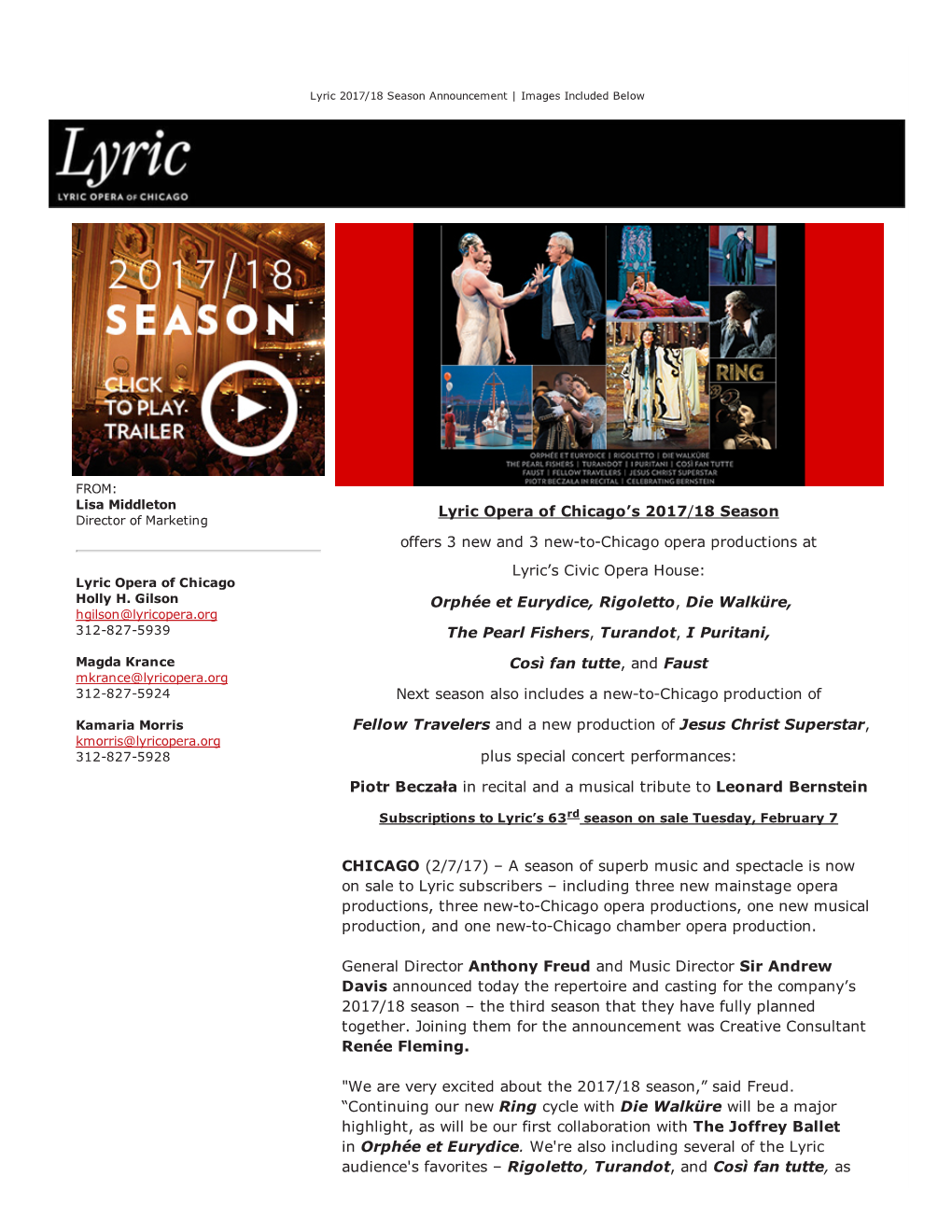 Lyric Opera of Chicago's 2017/18 Season Offers 3 New and 3