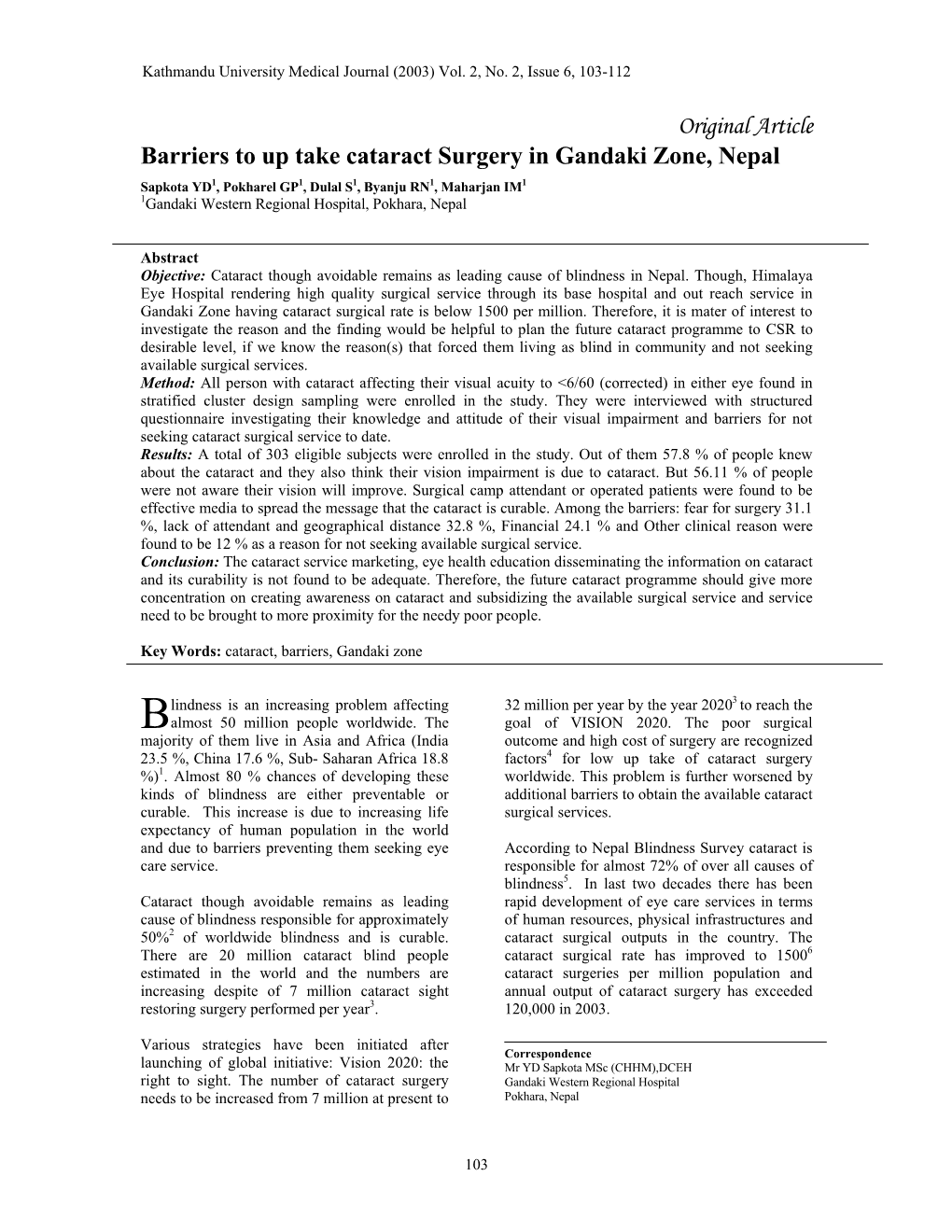 Original Article Barriers to up Take Cataract Surgery in Gandaki Zone
