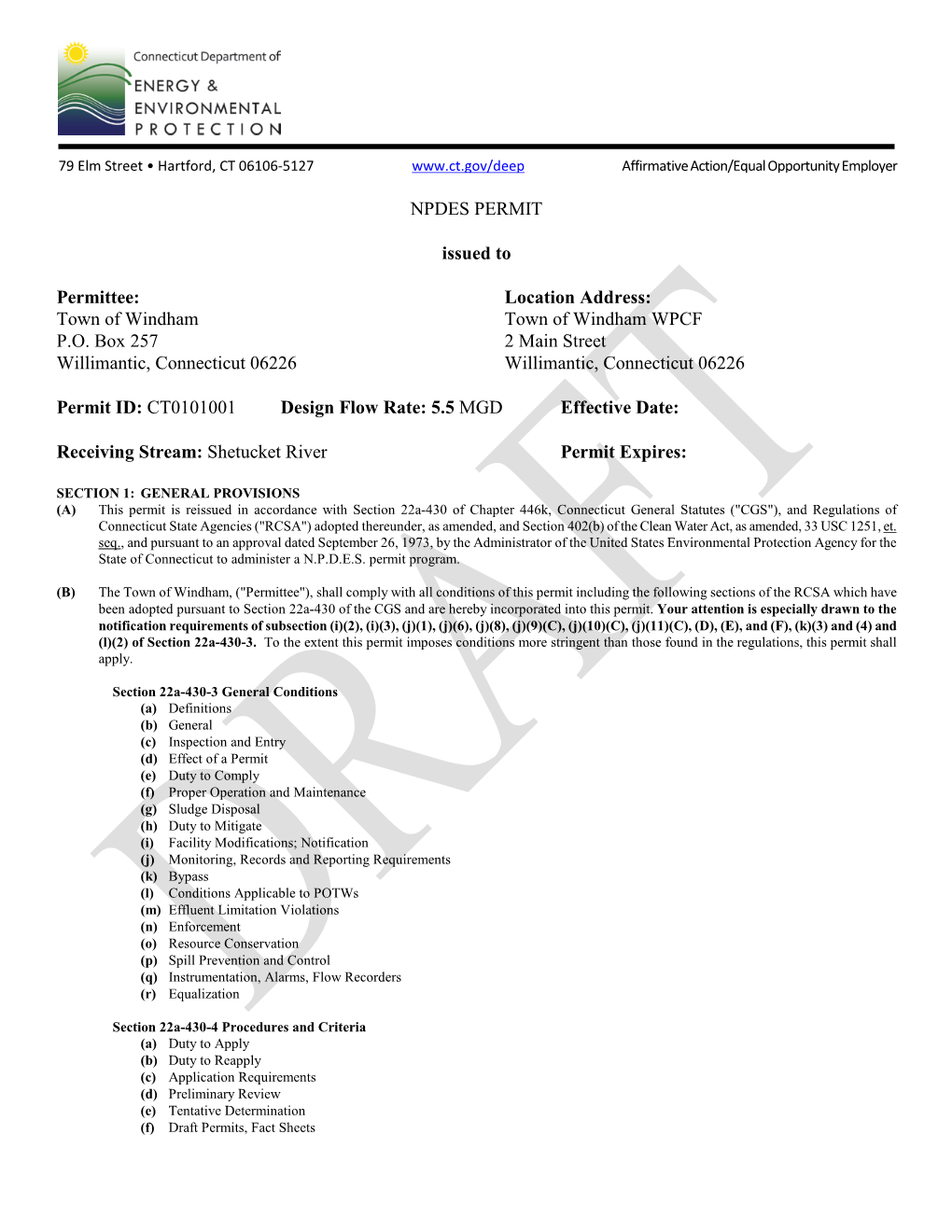 Town of Windham WPCF, Willimantic, CT Draft NPDES Permit (PDF)