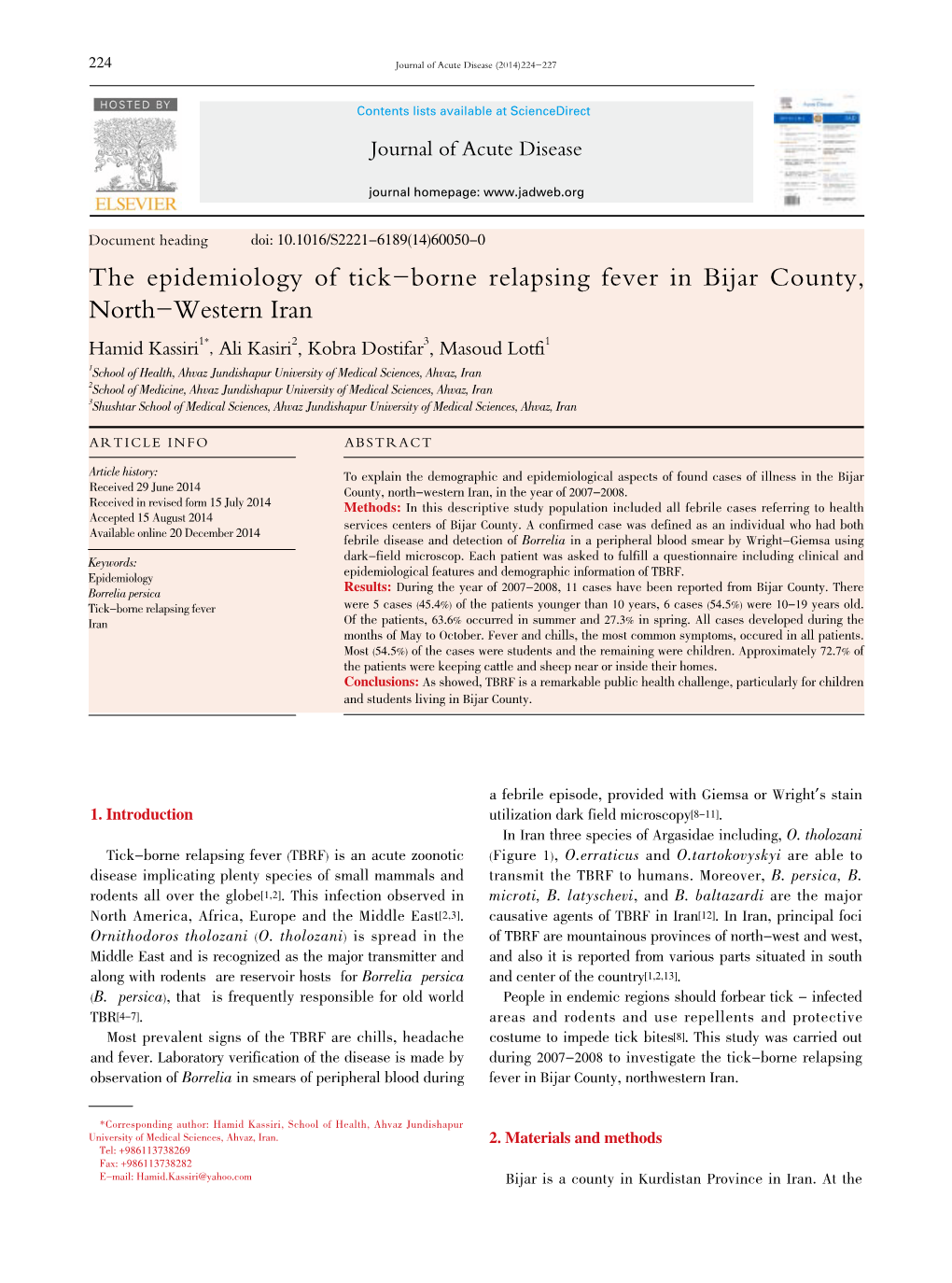 The Epidemiology of Tick-Borne Relapsing Fever in Bijar County