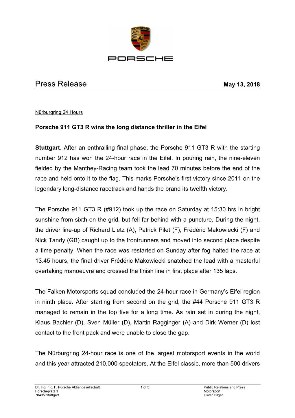 Press Release May 13, 2018