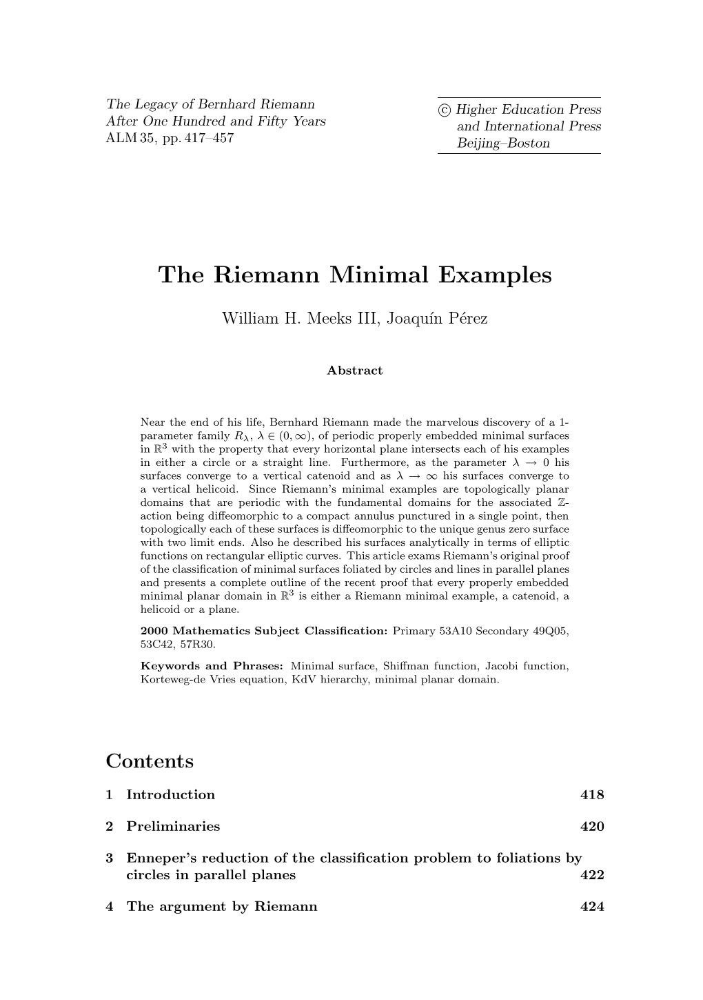 The Riemann Minimal Examples