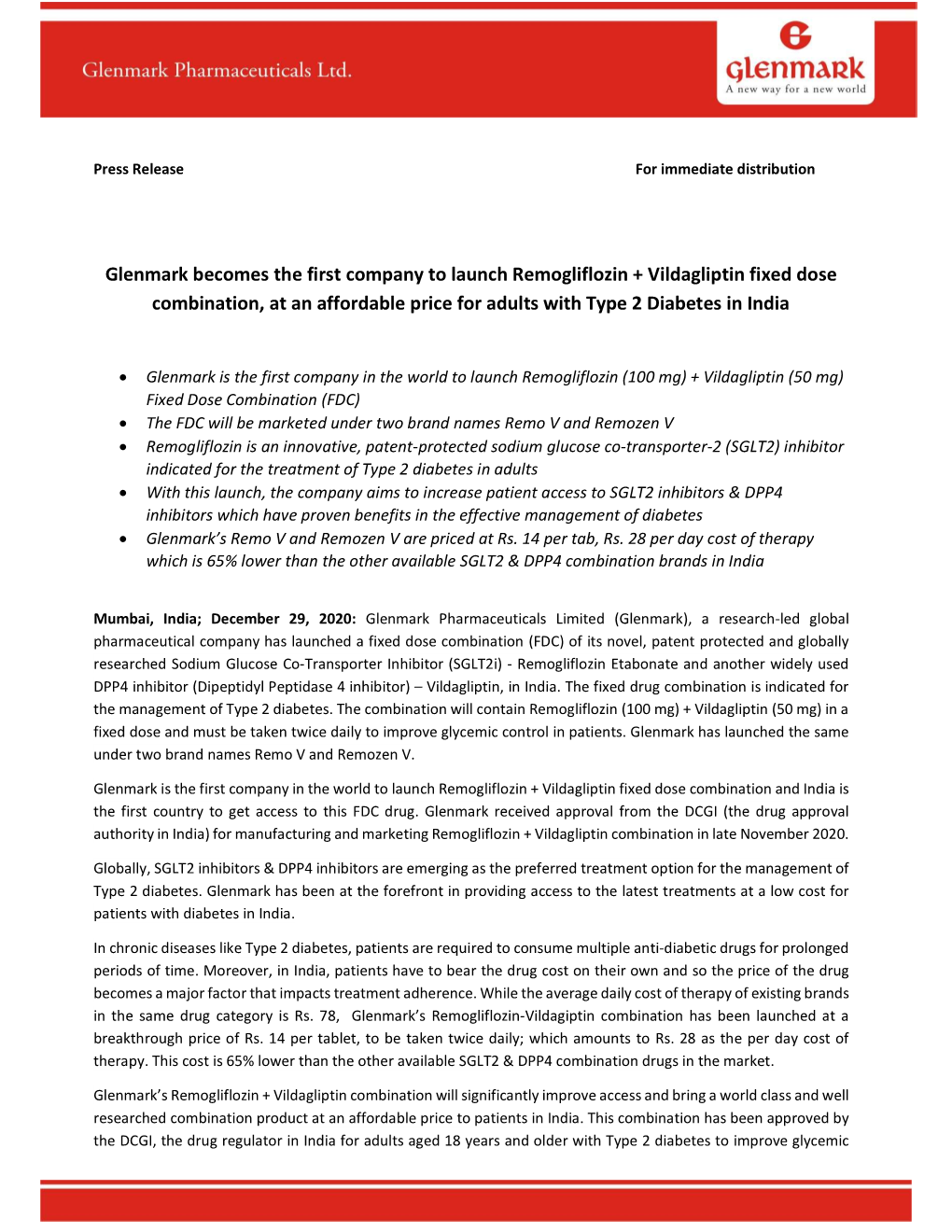 Glenmark Becomes the First Company to Launch Remogliflozin + Vildagliptin Fixed Dose Combination, at an Affordable Price for Adults with Type 2 Diabetes in India