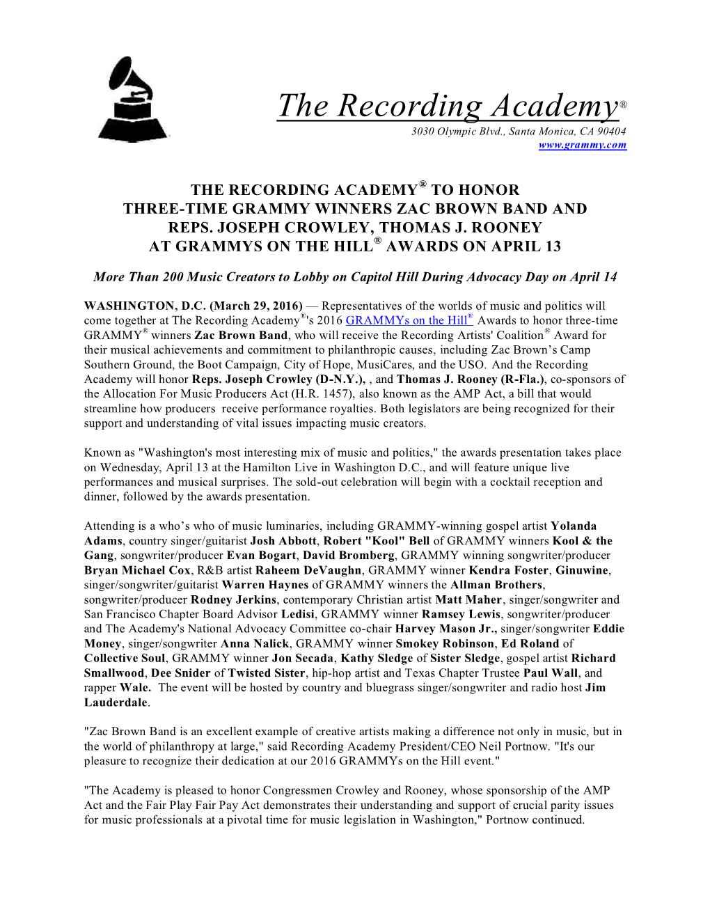 The Recording Academy® to Honor Three-Time Grammy Winners Zac Brown Band and Reps