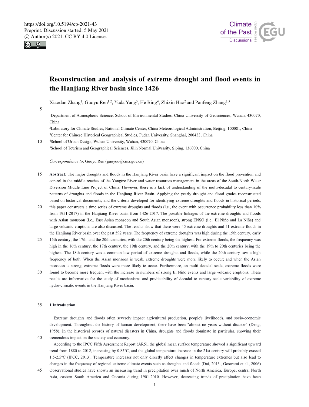 Reconstruction and Analysis of Extreme Drought and Flood Events in the Hanjiang River Basin Since 1426