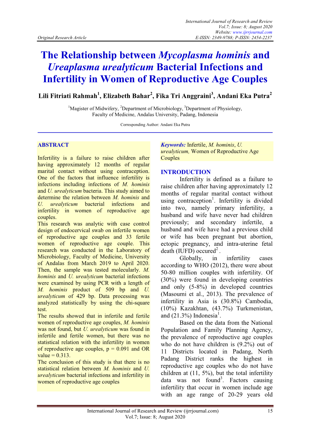 The Relationship Between Mycoplasma Hominis and Ureaplasma Urealyticum Bacterial Infections and Infertility in Women of Reproductive Age Couples