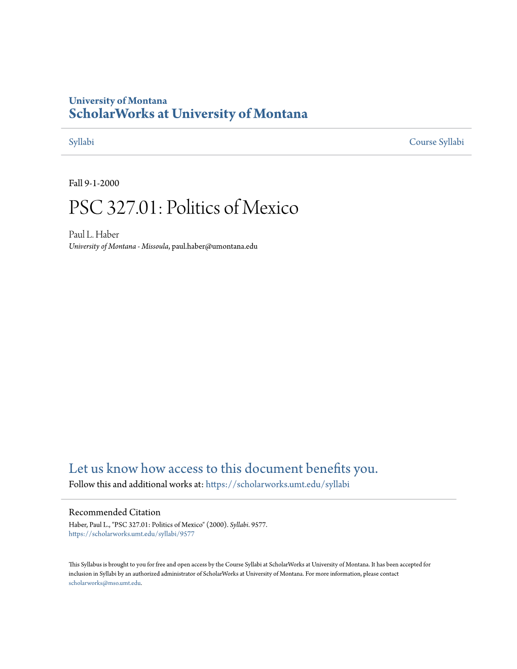 PSC 327.01: Politics of Mexico Paul L