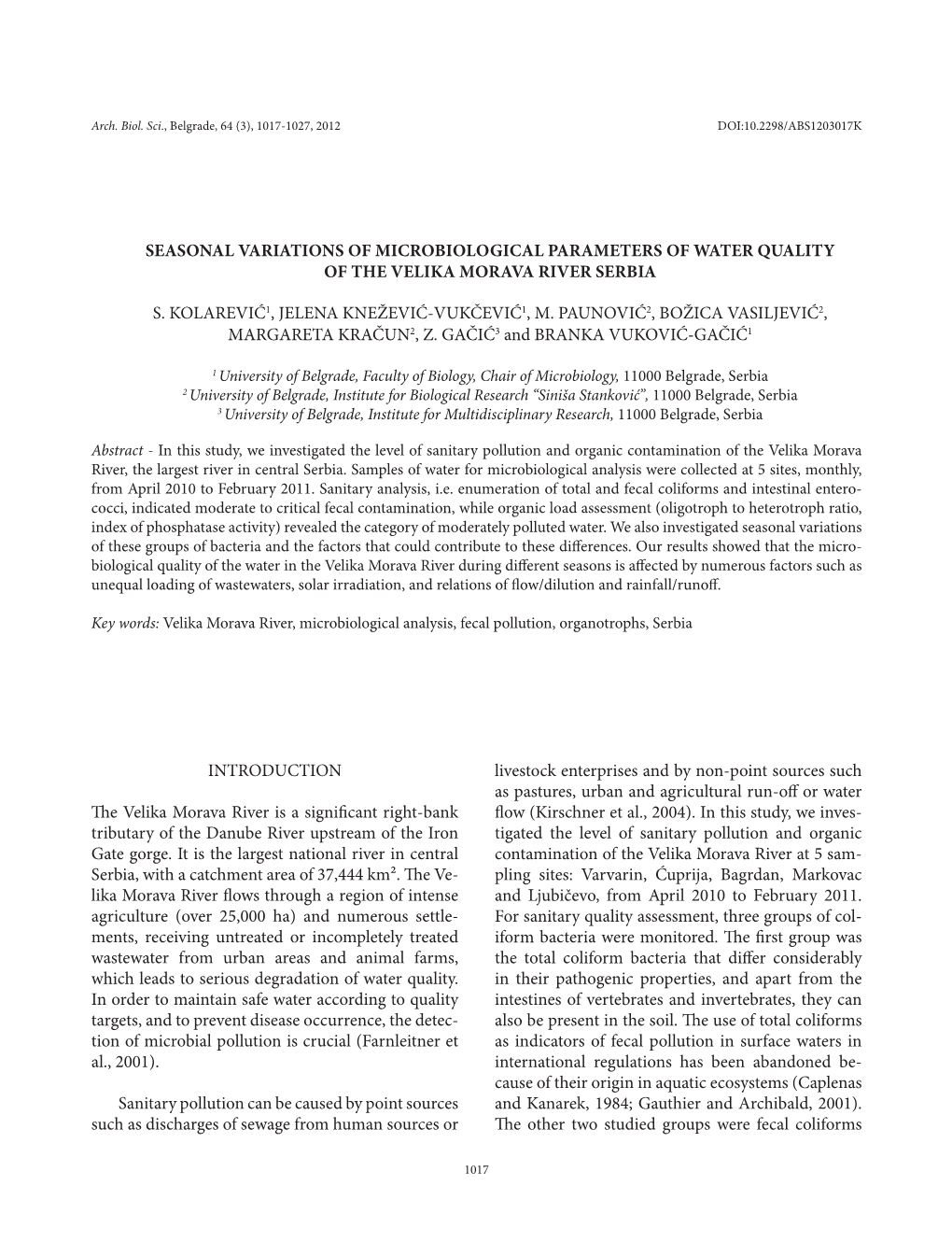 Seasonal Variations of Microbiological Parameters of Water Quality of the Velika Morava River Serbia