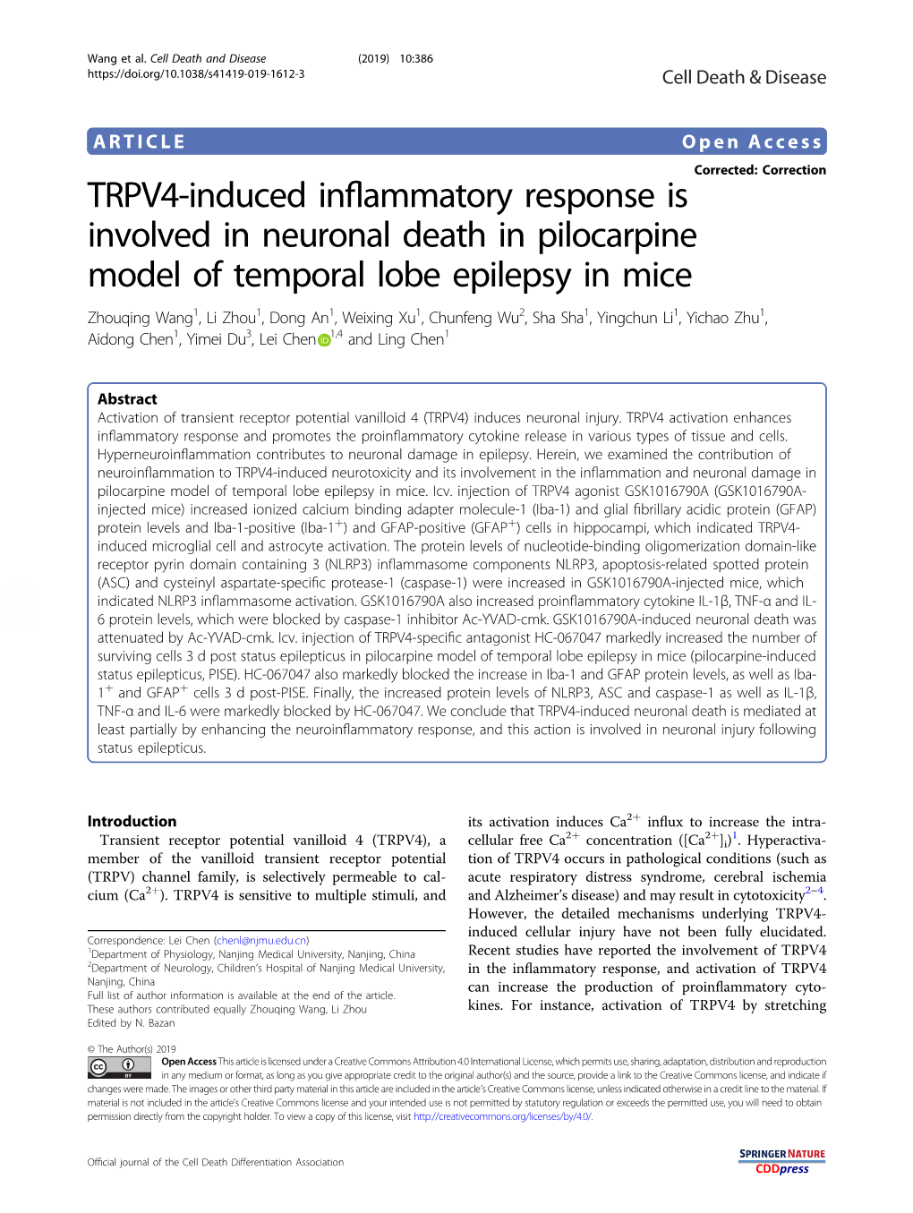 TRPV4-Induced Inflammatory Response Is Involved in Neuronal Death in Pilocarpine Model of Temporal Lobe Epilepsy in Mice