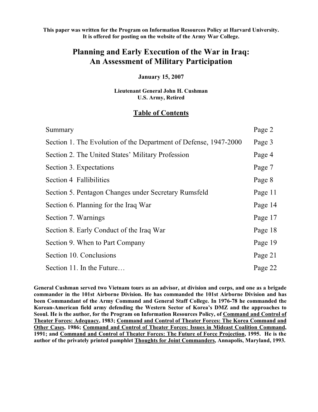 Planning and Early Execution of the War in Iraq: an Assessment of Military Participation