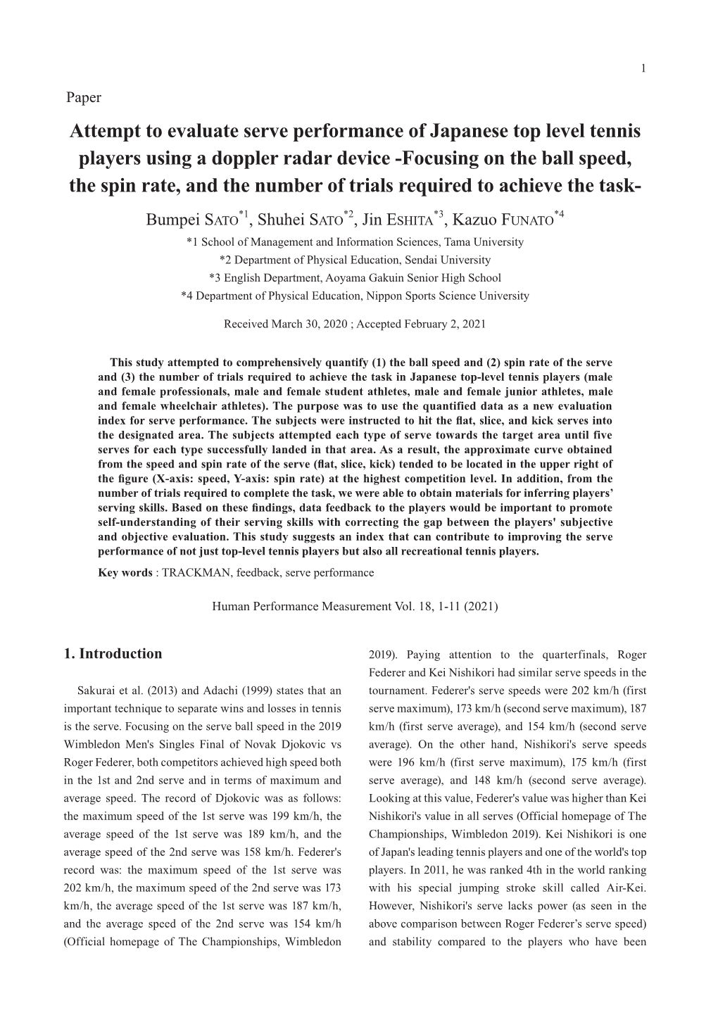 Attempt to Evaluate Serve Performance of Japanese Top Level Tennis