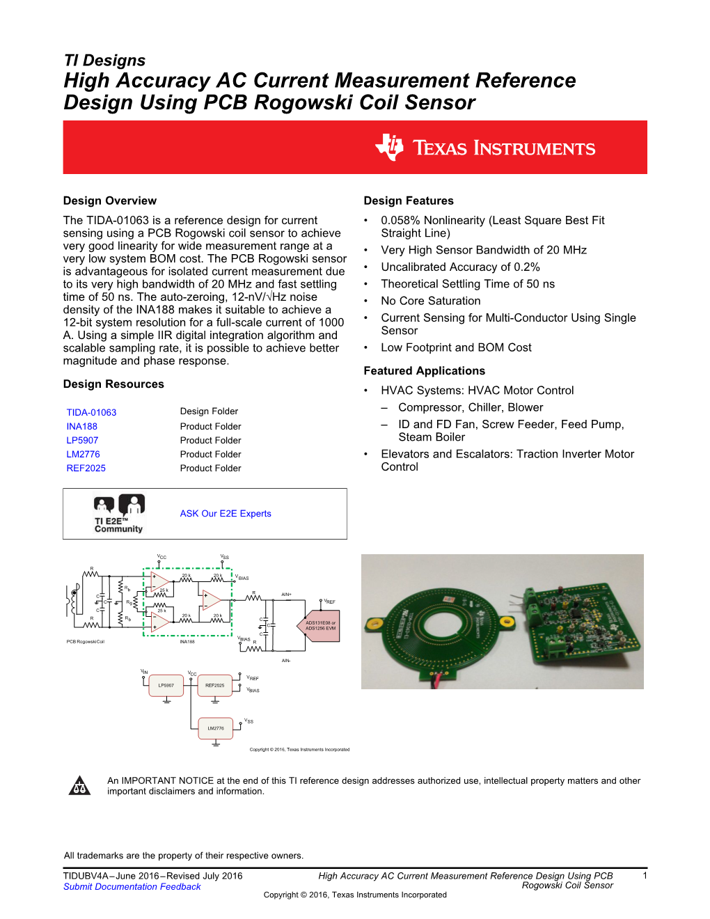 TI Designs High Accuracy AC Current Measurement Reference Design Using PCB Rogowski Coil Sensor