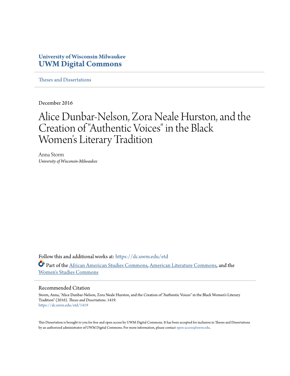 Alice Dunbar-Nelson, Zora Neale Hurston, and the Creation of 