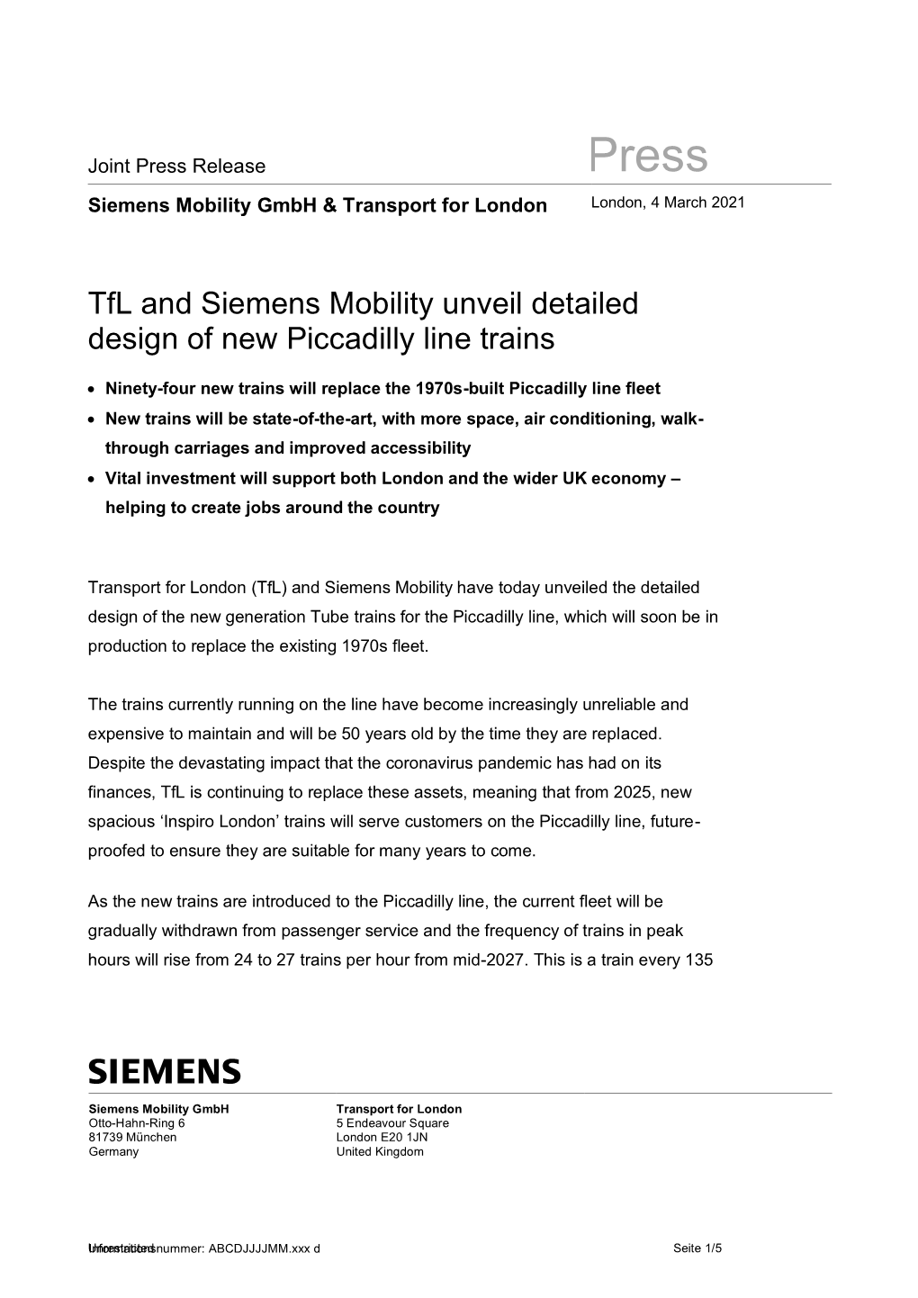 Tfl and Siemens Mobility Unveil Detailed Design of New Piccadilly Line Trains