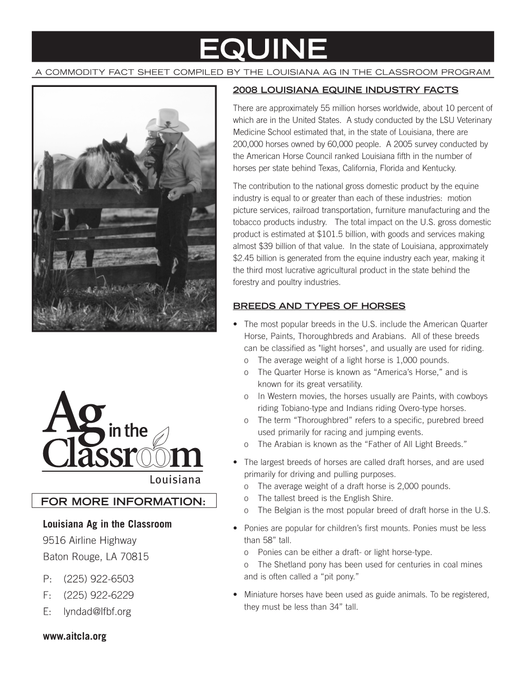 Equine a Commodity Fact Sheet Compiled by the Louisiana Ag in the Classroom Program