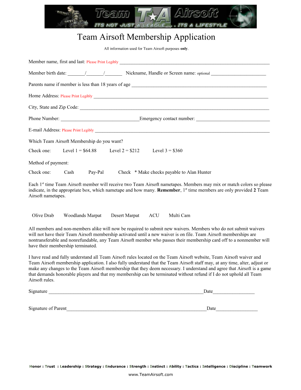 Team Airsoft Membership Application