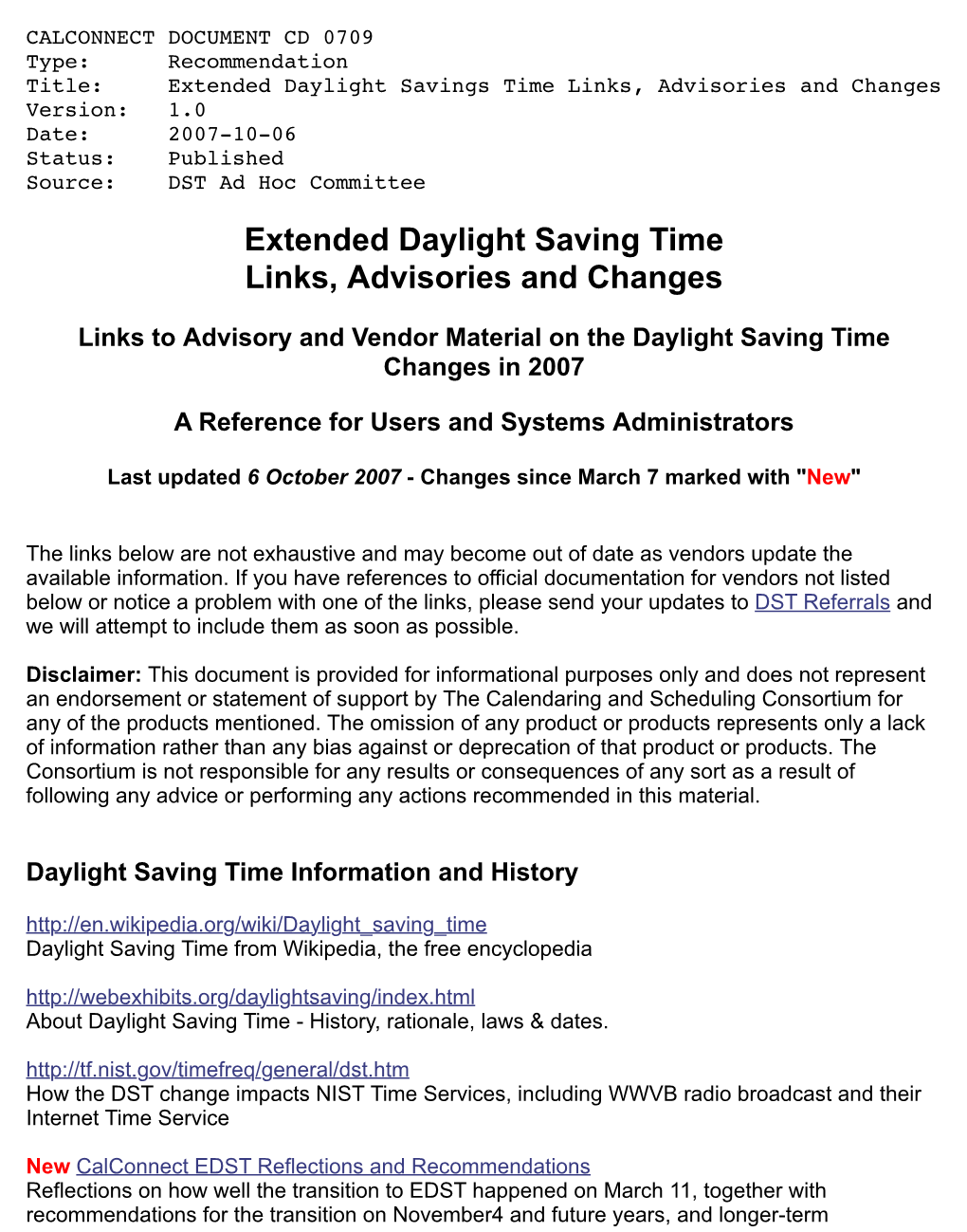 Extended Daylight Saving Time Links, Advisories and Changes