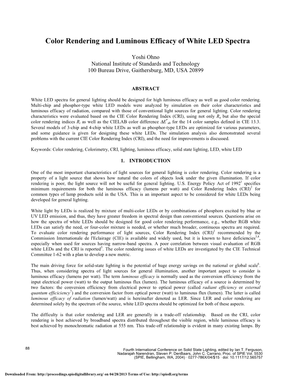 Color Rendering and Luminous Efficacy of White LED Spectra