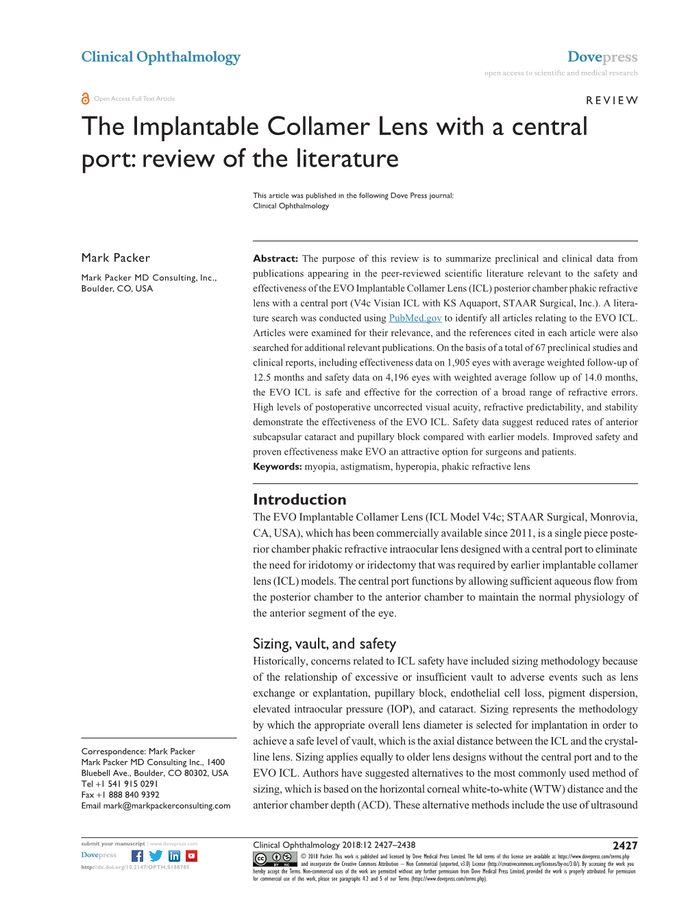 The Implantable Collamer Lens with a Central Port: Review of the Literature