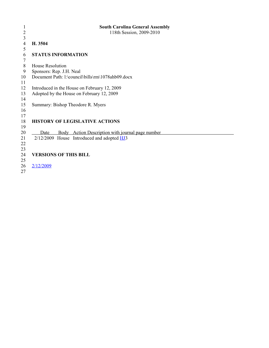 2009-2010 Bill 3504: Bishop Theodore R. Myers - South Carolina Legislature Online