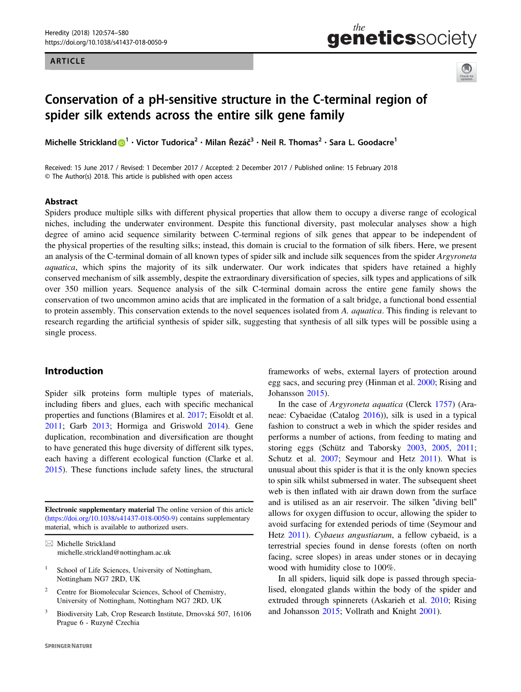 Conservation of a Ph-Sensitive Structure in the C-Terminal Region of Spider Silk Extends Across the Entire Silk Gene Family