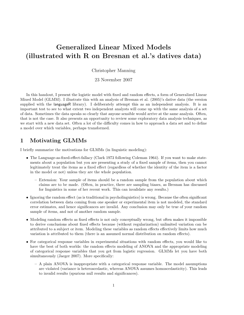 Generalized Linear Mixed Models (Illustrated with R on Bresnan Et Al.’S Datives Data)