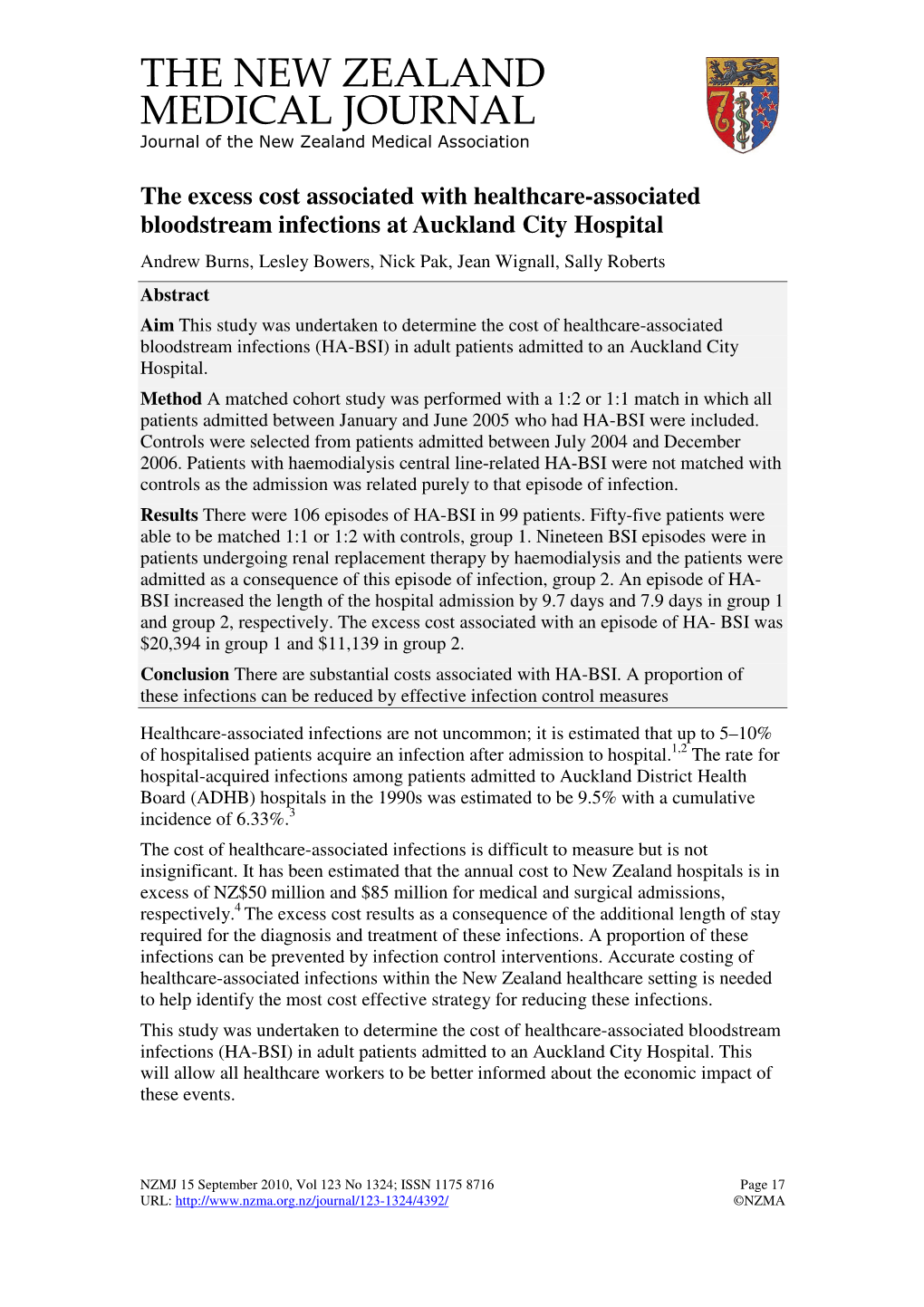 The Excess Cost Associated with Healthcare-Associated Bloodstream Infections at Auckland City Hospital