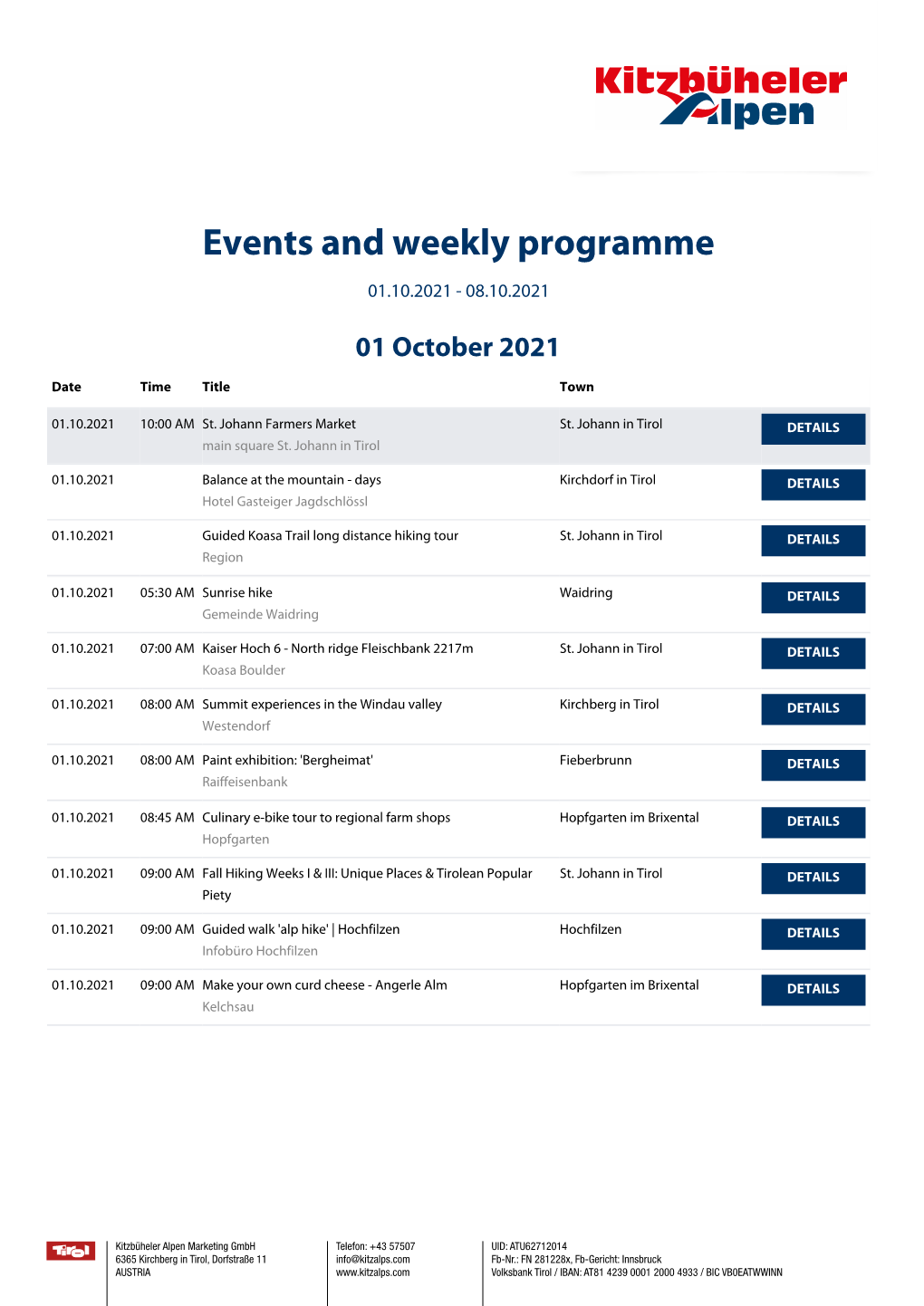 Events and Weekly Programme