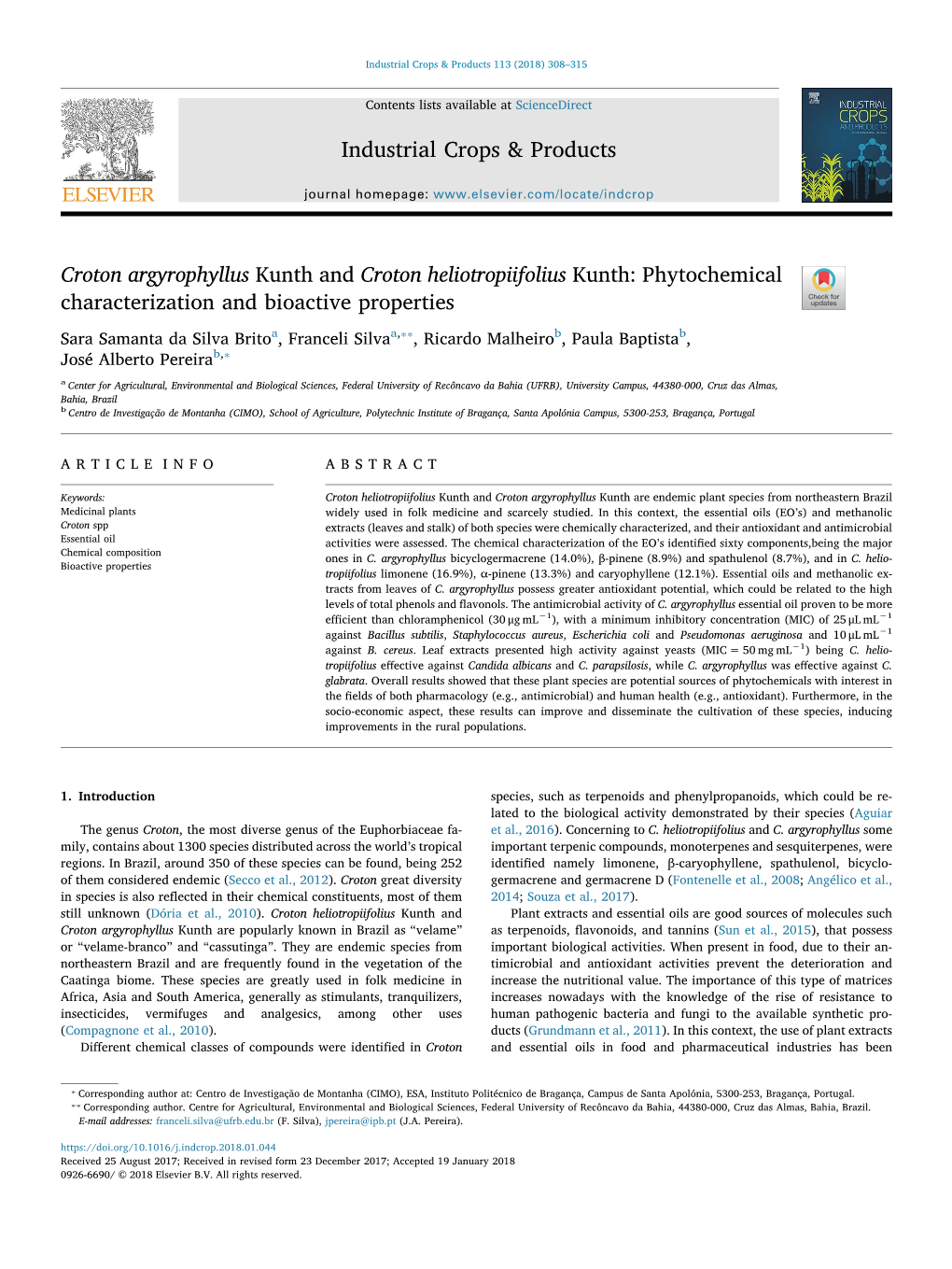 Croton Argyrophyllus Kunth and Croton Heliotropiifolius Kunth Phytochemical Characterization and Bioactive Properties