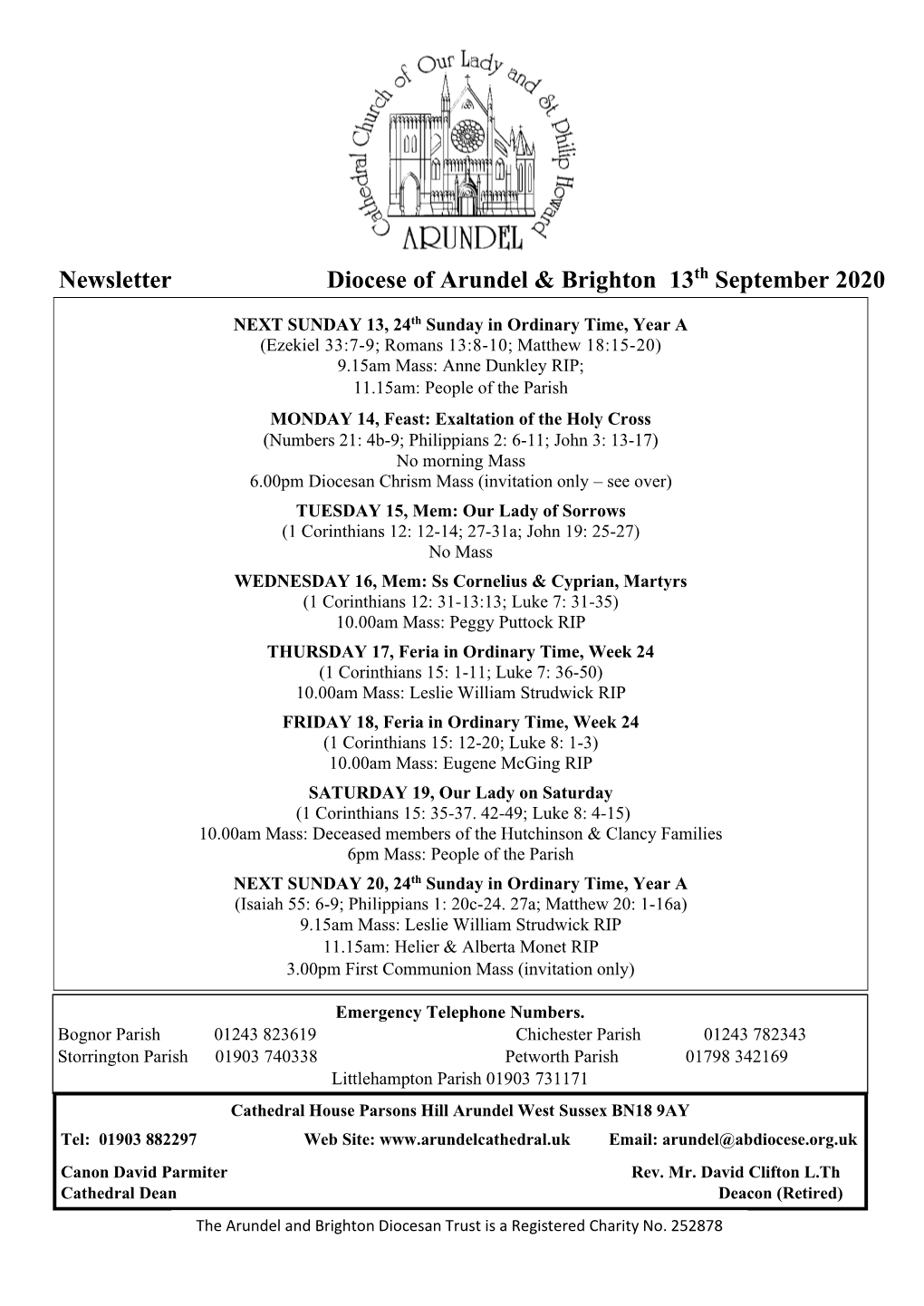 Newsletter Diocese of Arundel & Brighton 13Th September 2020