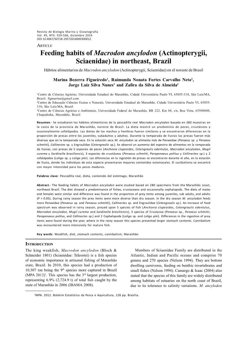 Feeding Habits of Macrodon Ancylodon (Actinopterygii