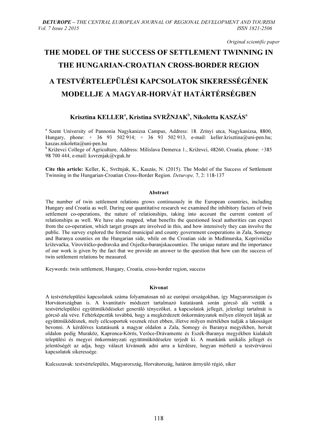 The Model of the Success of Settlement Twinning in the Hungarian-Croatian Cross-Border Region