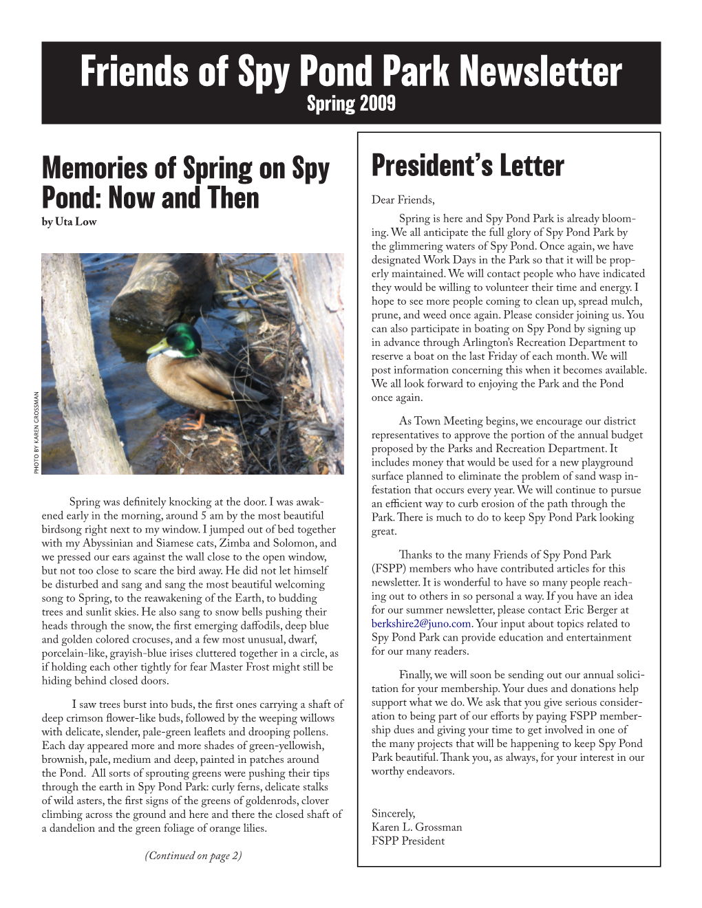 Friends of Spy Pond Park Newsletter Spring 2009