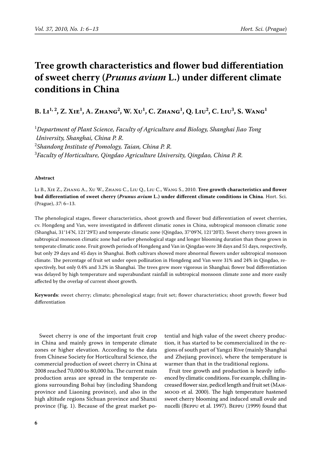 Tree Growth Characteristics and Flower Bud Differentiation of Sweet Cherry (Prunus Avium L.) Under Different Climate Conditions in China