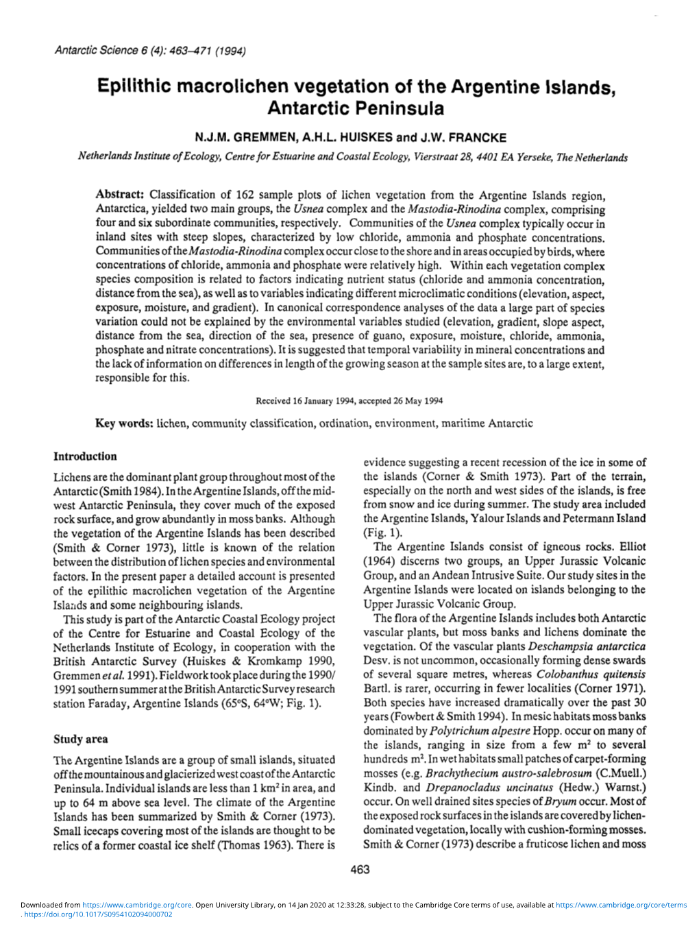 Epilithic Macrolichen Vegetation of the Argentine Islands, Antarctic Peninsula N.J.M