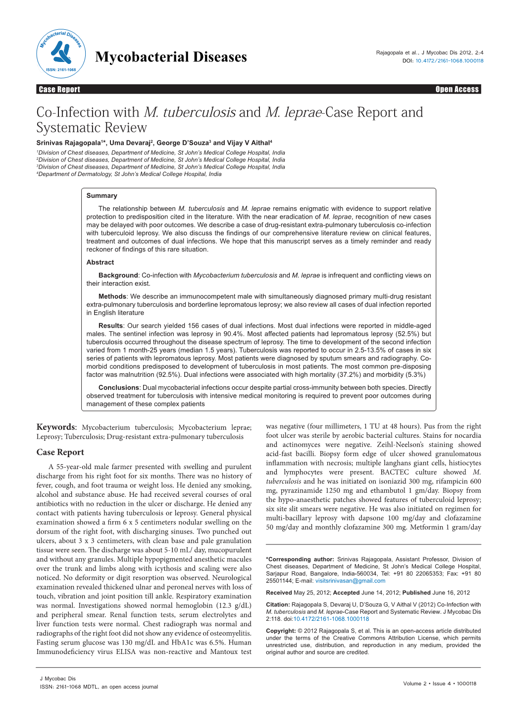 Co-Infection with M. Tuberculosis and M. Leprae-Case Report And