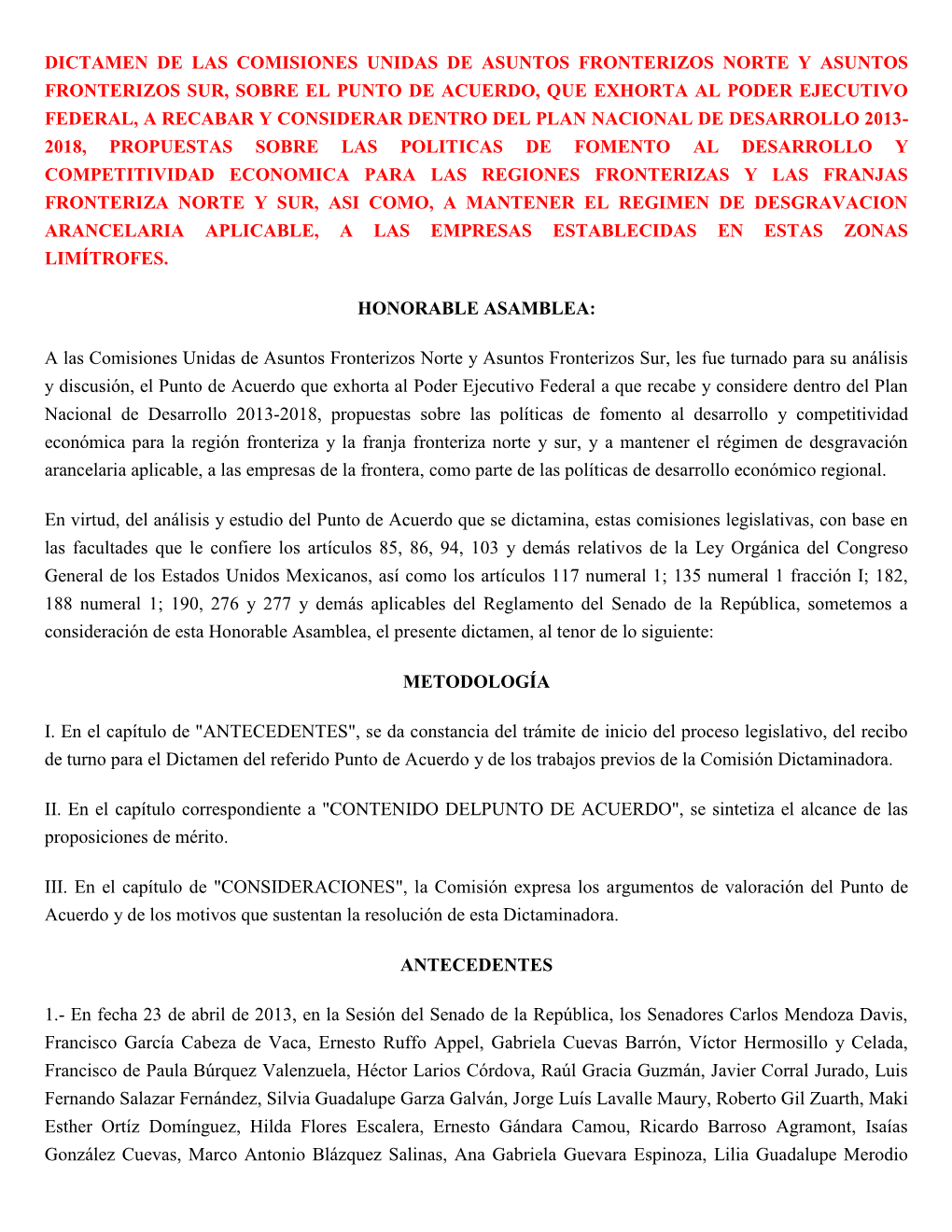 Dictamen De Las Comisiones Unidas De Asuntos